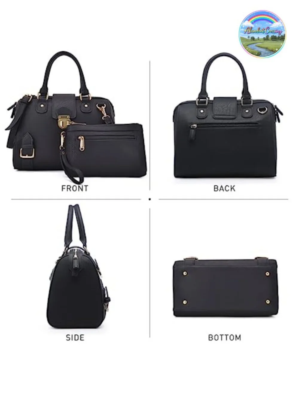 Vegan Leather Satchel Purse with Detachable Shoulder Strap and Wristlet